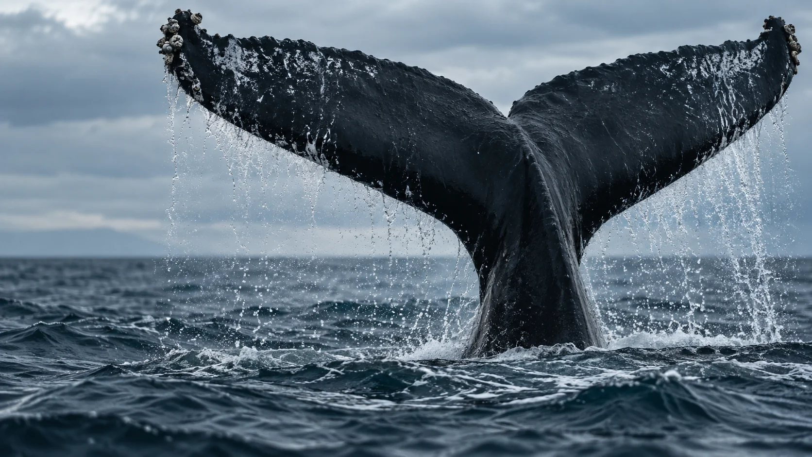 A whale tail rises above the ocean