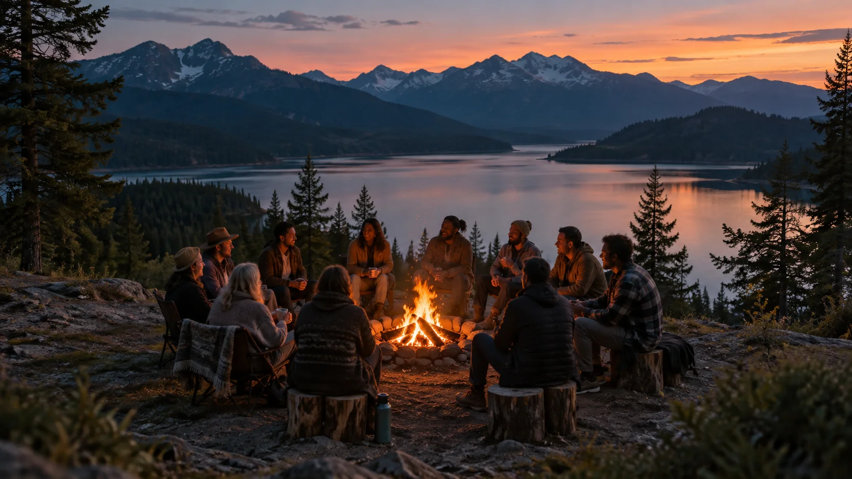 People gathered around a fire at dusk