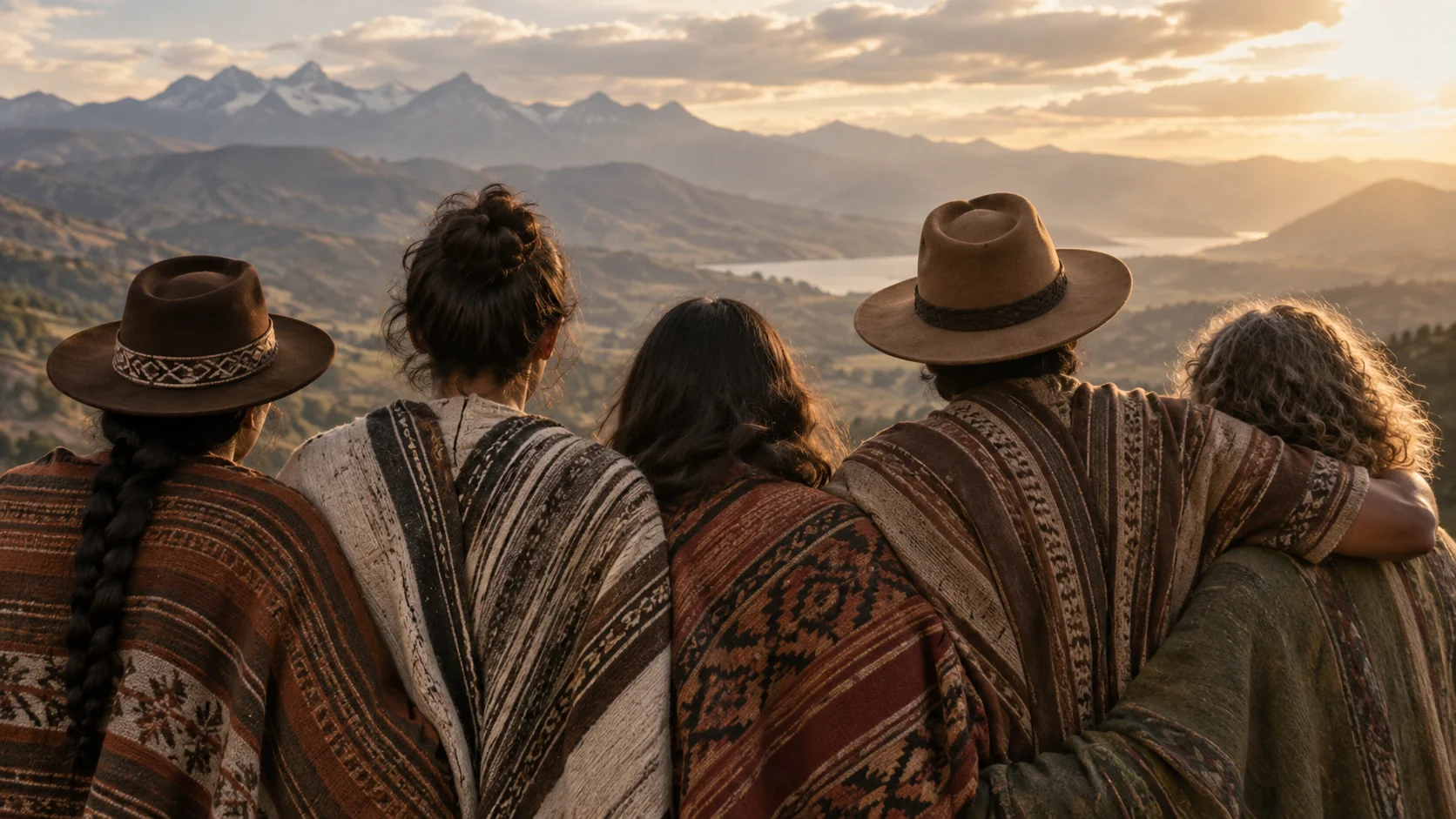 A group looking toward a mountain horizon